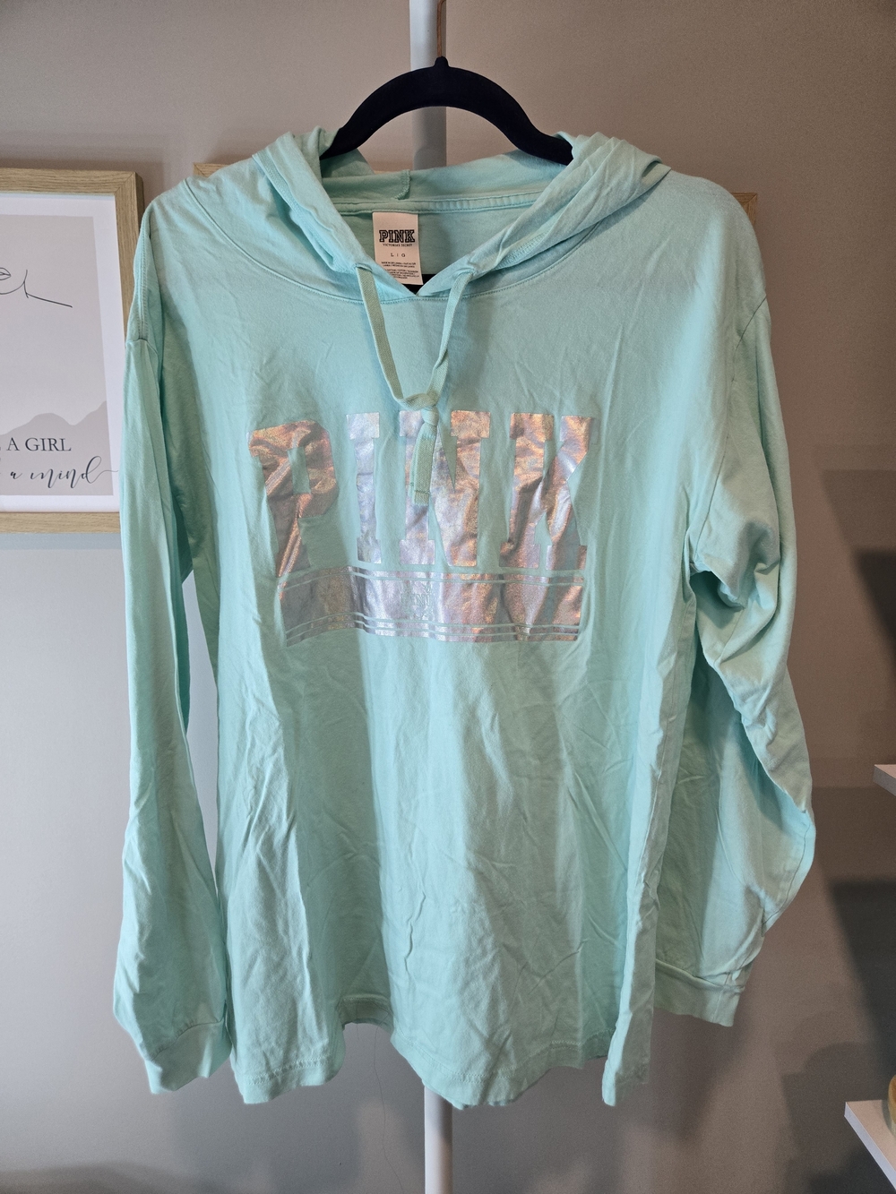 NWOT PINK Victoria's Secret Mint Green Long Sleeve Hoodie Tee Logo *read*